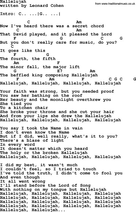 3 Feb 2020 ... Leonard Cohen - Hallelujah Lyrics. Leonard Cohen Lyrics "Hallelujah" ("Various Positions" Version) ... But you don't really care for music, d...